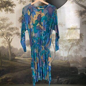 Reformation-Style Green and Blue Floral Dress with Flowing Skirt - Size 2